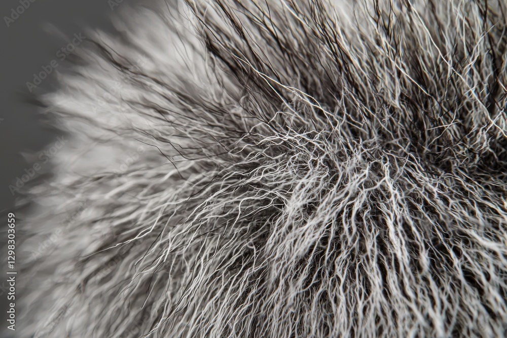 Poster an extreme close-up of textured fur with a mix of black and white hairs, creating a detailed and abs
