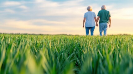 Elderly Couple Holding Hands In Wheat Field