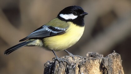 Naklejka premium Great Tit Perched on Stump