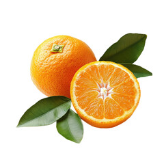A mandarin orange, one whole and the other sliced in half with leaves on a transparent background.