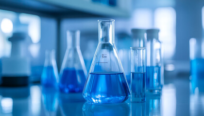 flask and glassware equipment in chemistry science laboratory blue banner background