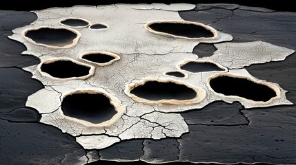 A black and white image of a cracked surface with holes.