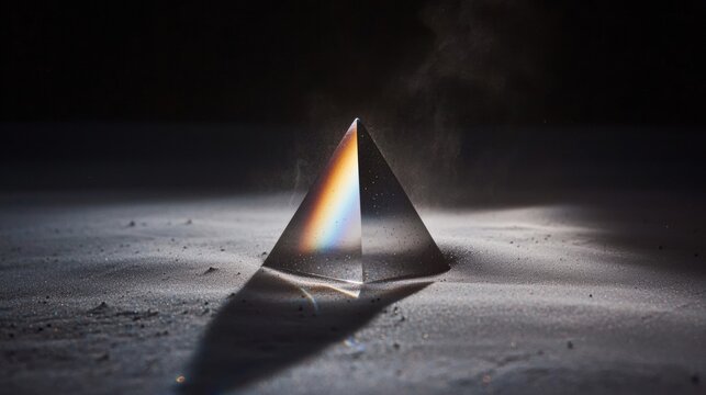A triangular prism with a rainbow-like spectrum of light is set against a dark background.