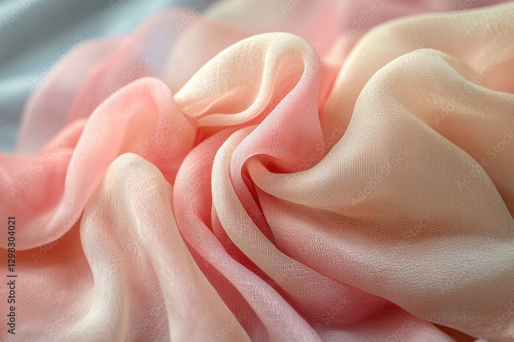 Poster a close-up of soft, flowing fabric in delicate shades of pink and peach, creating an elegant, romant