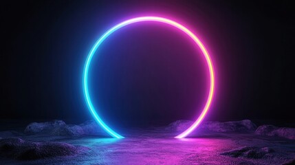 A neon ring of blue and pink light against a dark background.
