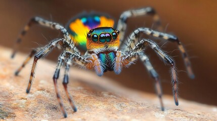 Flamboyant Peacock Spider performing its intricate courtship dance vibrant iridescent colors flashing tiny legs moving in a hypnotic rhythm