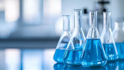 flask and glassware equipment in chemistry science laboratory blue banner background