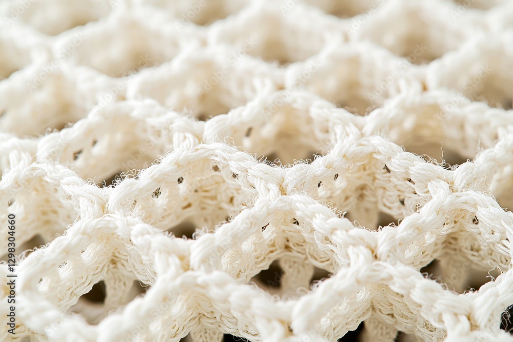 Poster a macro image captures the intricate details of a white knitted mesh fabric, emphasizing its texture