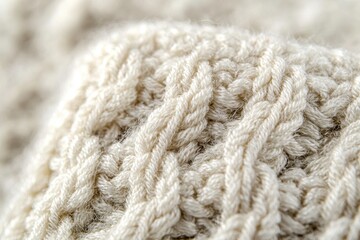 A stunning macro shot highlights the intricate cable knit texture of a soft, cream-colored woolen fabric, showcasing detail, warmth, and cozy comfort.