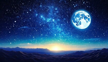 A starry night sky with twinkling stars and a glowing full moon