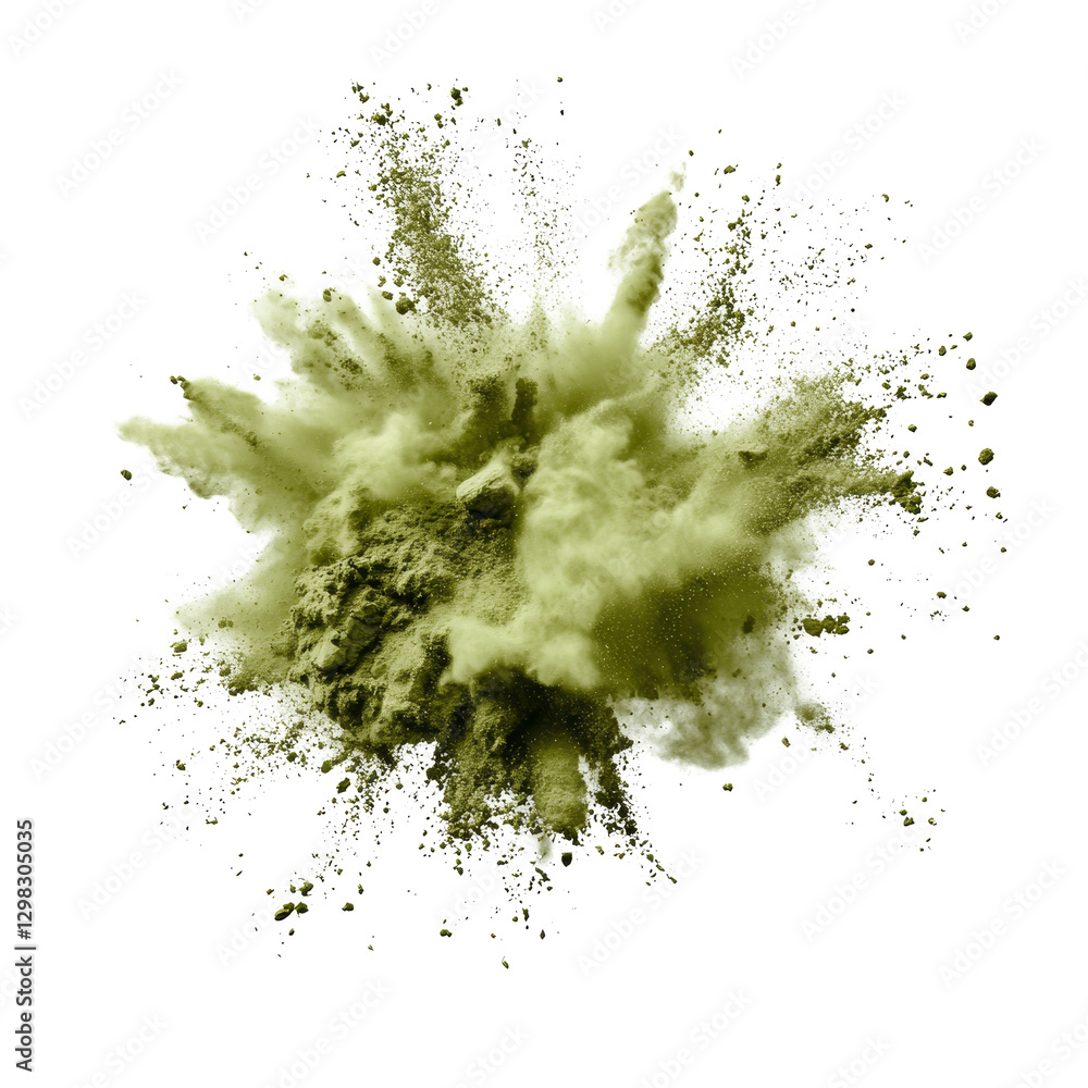 Poster olive color powder explosion creating a cloud effect on a transparent background, olive color powder