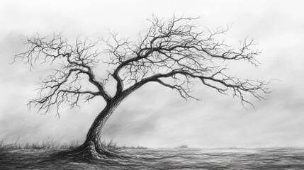 An artistic monochrome charcoal sketch of a lone, withered tree set against a vast, empty background