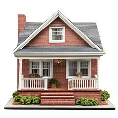 Obraz premium A brick bungalow with an off-white roof and silver railings, on the front porch of a two-story home with a brown wood deck. Transparent background.