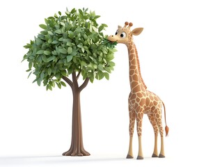 Obraz premium Giraffe eating leaves from tree cartoon style white background