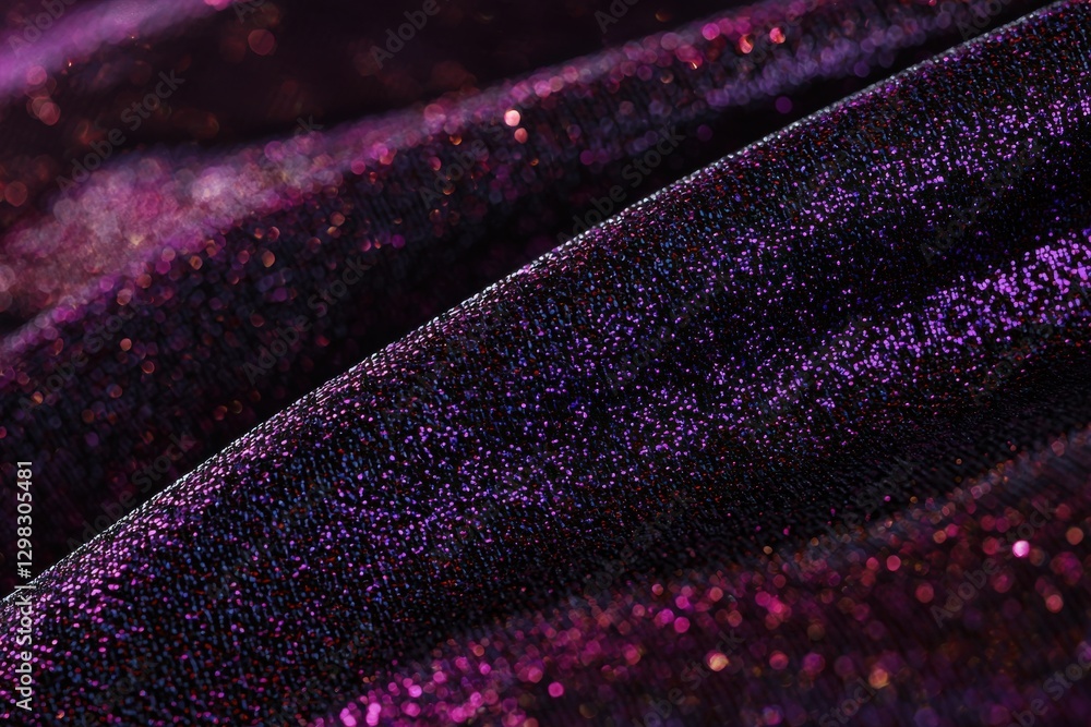 Poster a luxurious close-up of shimmering dark purple fabric with sparkling glitter details, creating a fes