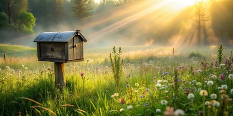 A rustic wooden mailbox stands in a sunlit meadow, morning mist clinging to wildflowers and tall grass, bathed in golden rays