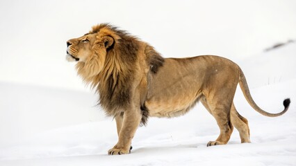 Obraz premium Male Lion in Winter Landscape