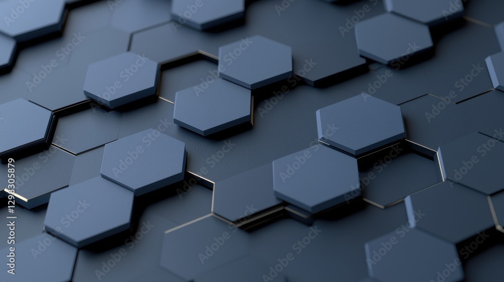 Poster a 3d rendering of a complex pattern of dark blue hexagons with gold outlines.
