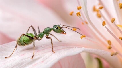 Emerald Ant's Delicate Stance: A vibrant, emerald-green ant delicately perched upon a soft, pink flower petal, its intricate features revealed in this stunning macro shot.