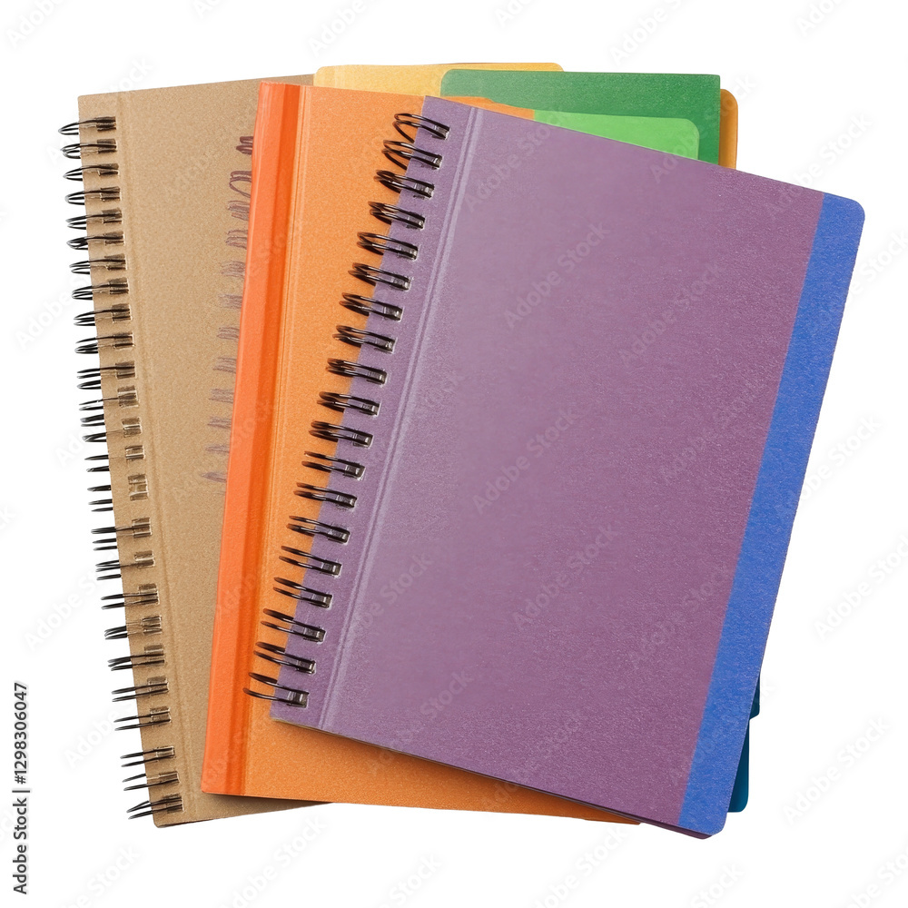 Poster a collection of colorful spiral notebooks isolated on a transparent background for creative writing 