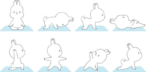 様々なヨガのポーズをするうさぎのキャラクターの手書きイラストセット