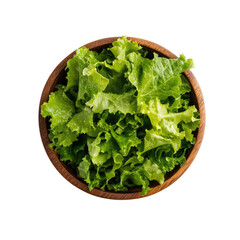 A top-down photograph of a fresh green lettuce salad in a wooden bowl, isolated on a transparent background