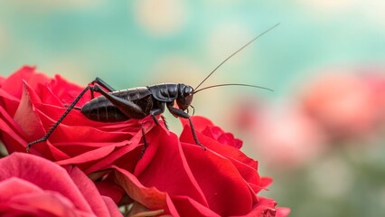Cricket on Red Rose: A detailed close-up of a black cricket perched on a vibrant red rose, showcasing the insect's intricate features and the flower's velvety petals. 