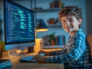 Smiling Boy Engaged in Programming on Computer with Code Display