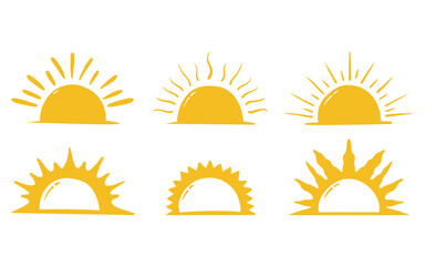 Set of half sun doodle illustration. Yellow sunrise and sunset vector illustration.