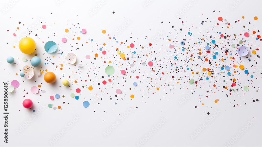 Poster abstract array of colorful floating spheres on white background, depicting creative and artistic exp