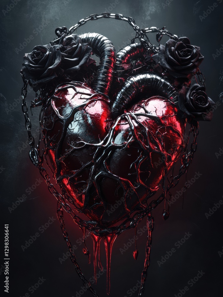Poster dark and moody heart sculpture surrounded by roses and chains in a mystical setting with a dramatic 
