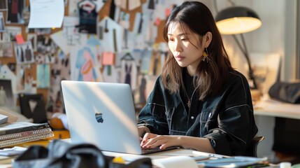 Fototapeta premium A young woman in a black shirt, typing on a laptop.