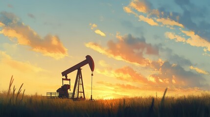 A majestic oil pump jack rises amidst golden sunset hues over a sea of tall grass, bathed in warm oranges and yellows, silhouetted against a dusky sky