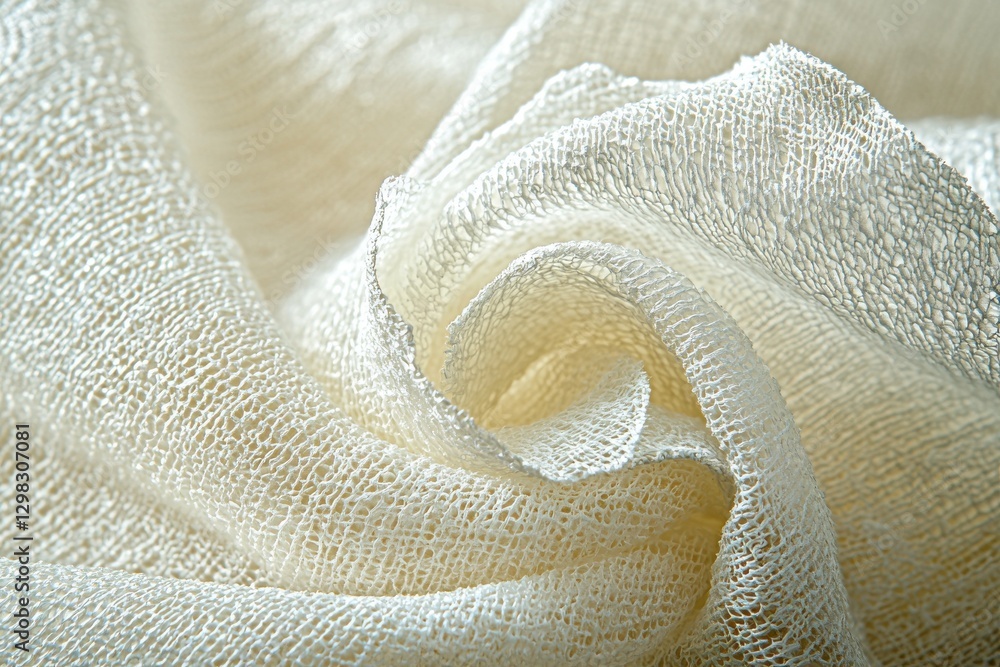 Poster a delicate macro shot of a light beige open-weave fabric, creating a soft and textured abstract patt