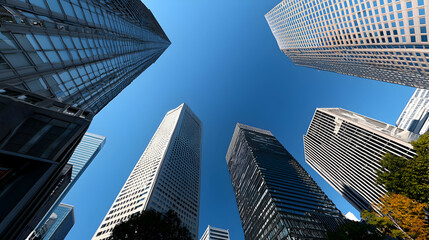 Low Angle View of Skyscrapers Against A Clear Blue Sky with Green Trees and Modern Architecture Design