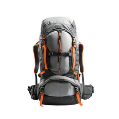 outdoor backpack, gray with orange accents, on a transparent background,