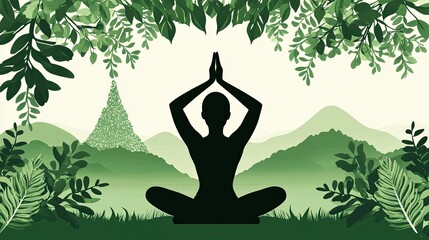 Yoga in nature; peaceful pose; lush landscape