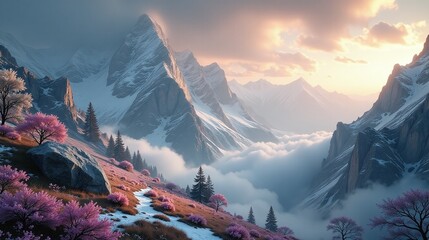 Breathtaking view of snowy mountains and blossoming trees.