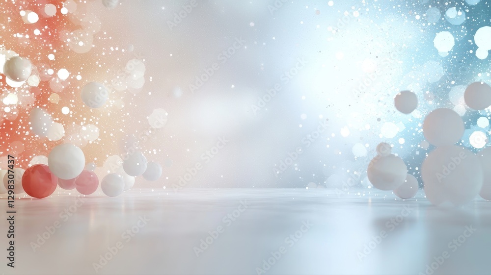 Poster abstract background with floating spheres and bokeh lights in red and blue hues creating a dreamlike