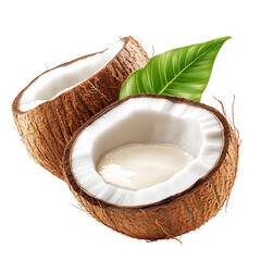 A coconut with its shell open and white milk flowing out, with green palm leaves behind it on an transparent background