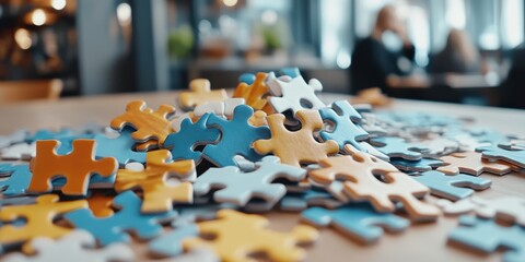 A close-up of scattered jigsaw puzzle pieces in various colors, capturing a playful scene of creativity and potential.
