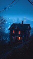 Mysterious House at Night with Cityscape in Foggy Atmosphere