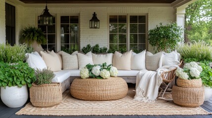 Rustic porch seating area with potted plants