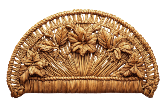 Decorative woven wall art featuring intricate leaf patterns created from natural fibers in a soft golden hue