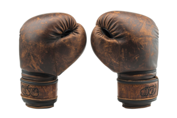 Vintage leather boxing gloves with a worn appearance displayed on a white background for sports enthusiasts or collectors