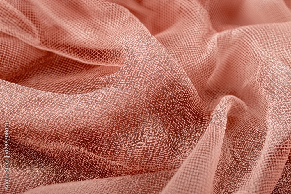 Poster delicate pink tulle fabric with an intricate net pattern, softly draped and folded to create subtle 