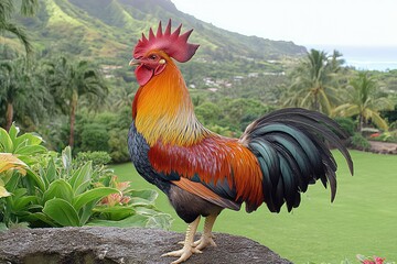 Vibrant rooster perched on a stone ledge with a lush tropical landscape in the background