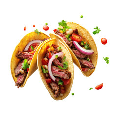 A floating taco with steak, chicken, and vegetables, isolated on a transparent background,