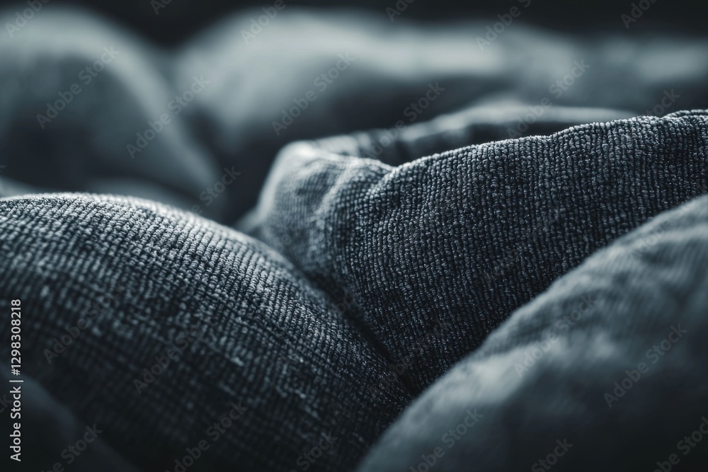 Poster an intimate close-up of folded gray fabric, revealing its intricate weave and subtle textural nuance