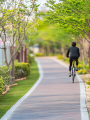 Naklejka premium Part of a sustainable urban commuting series, this image captures a young professional cycling through a city at sunset, promoting eco-friendly transportation and healthy lifestyle choices.